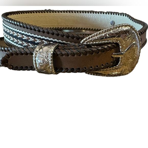 Western Belt with Heart Shaped Conchos Womens XL Brown and Tan Silver Buckle - Picture 9 of 11